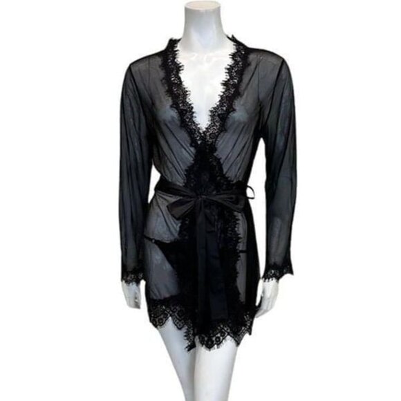 Oh La La Cheri Black Eyelash Lace Robe Set Belted Tie Lingerie - Picture 9 of 11